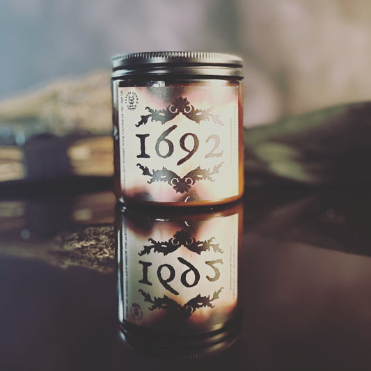 1692, Wooden Wick Soy Wax Candle, sultry, mysterious, witch, oud, frankincense, myrrh, ember, Holiday, Salem, halloween, Salem, remember