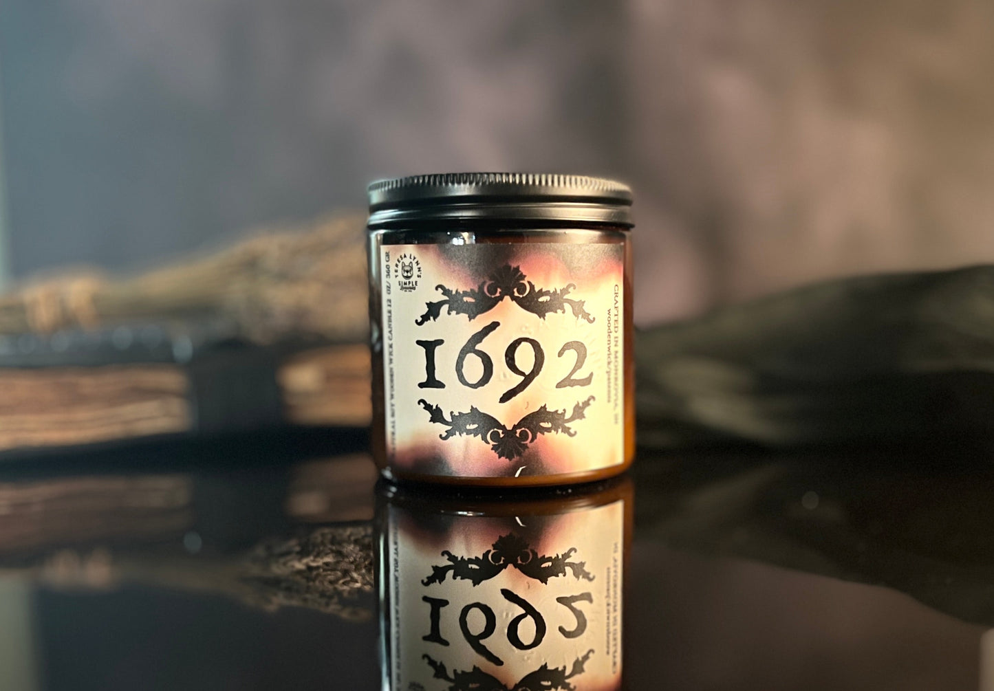 1692, Wooden Wick Soy Wax Candle, sultry, mysterious, witch, oud, frankincense, myrrh, ember, Holiday, Salem, halloween, Salem, remember