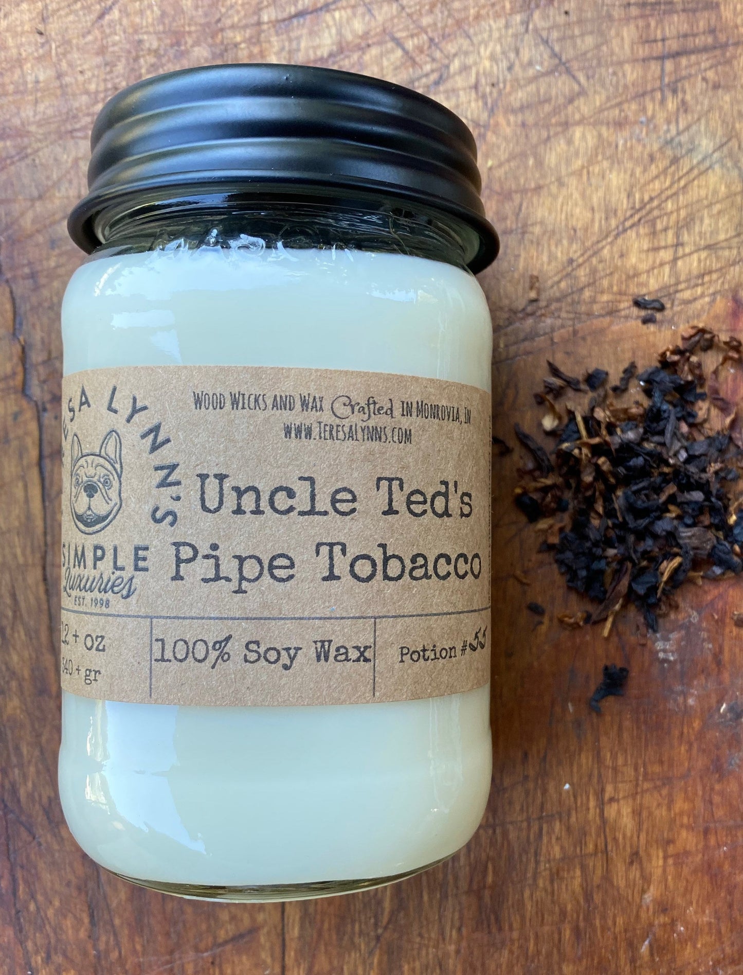 Uncle Teds, Vanilla Pipe Tobacco, scented soy wax, wooden wick candle, Pipe, nostalgia, home fragrance, tobacco, gift for him, home decor