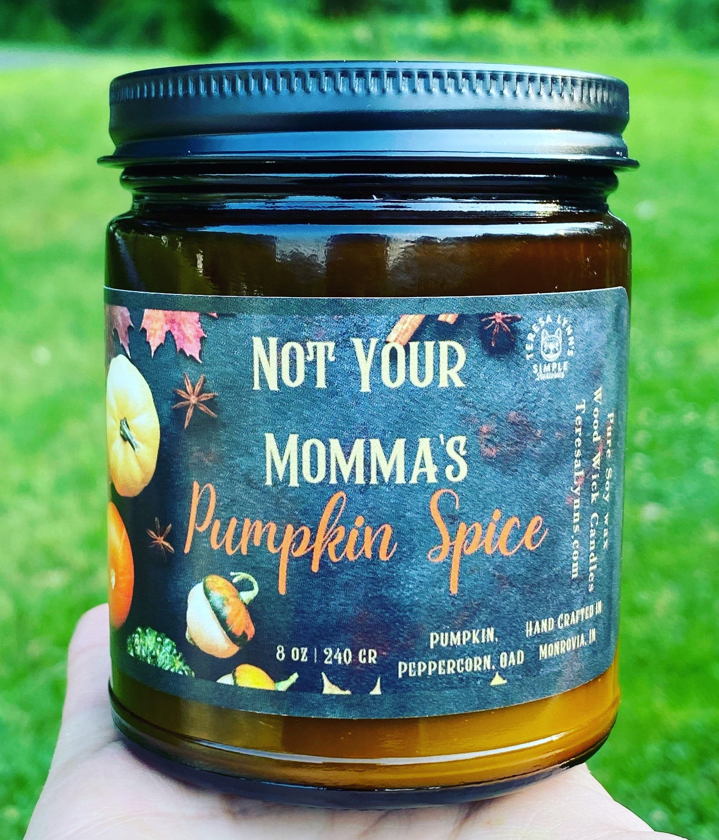 Not Your Mommas Pumpkin Spice, soy wax, wooden wick, pumpkin, Peppercorn, Oud, luxury pumpkin scent, slow burning, Holiday Candle, boho