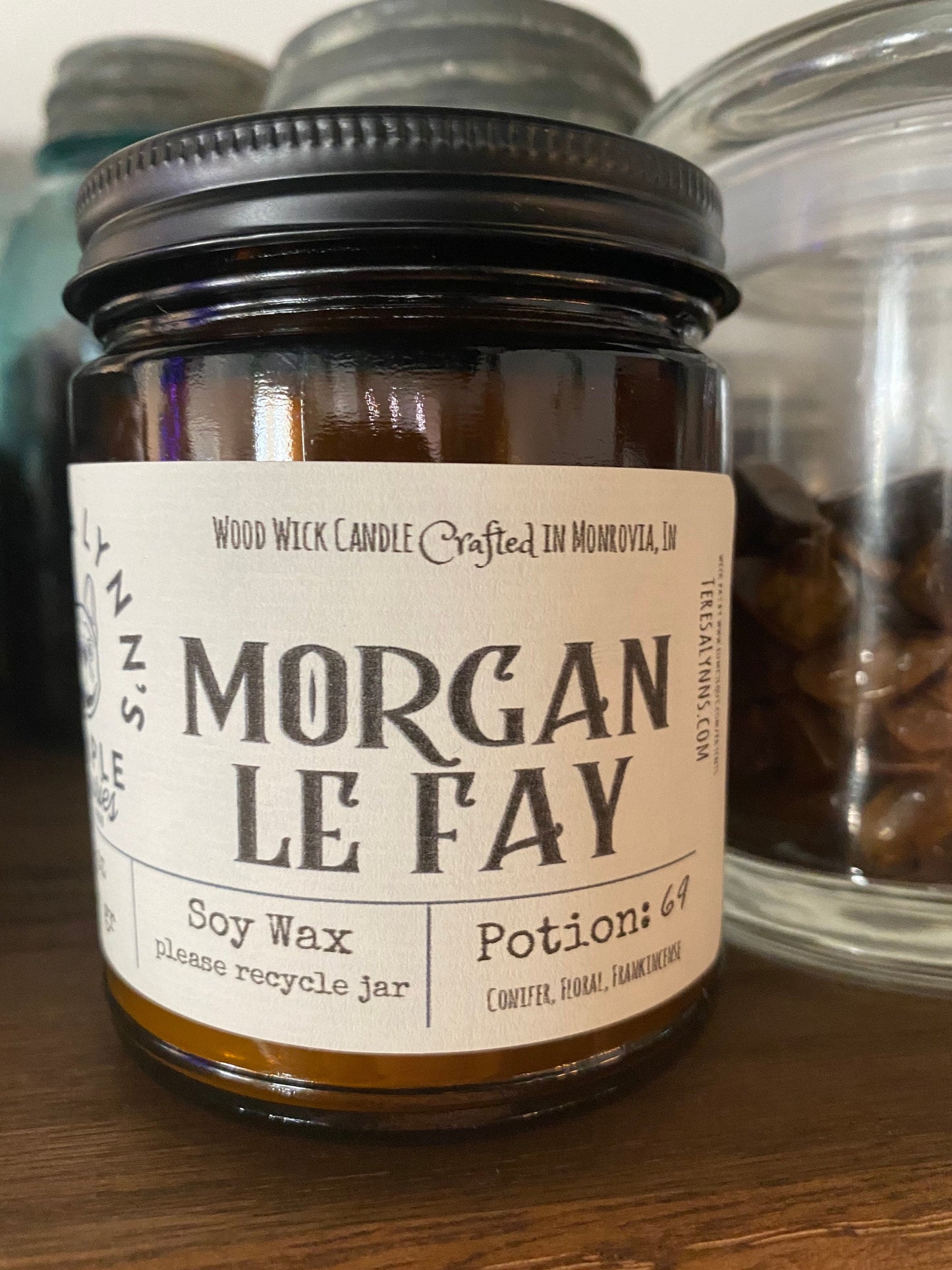 Morgan le Fay, wooden wick, soy candle, luxury candle, sultry, witch, patchouli, jasmine, oud, frankincense, myrrh, ember, witch aesthetic