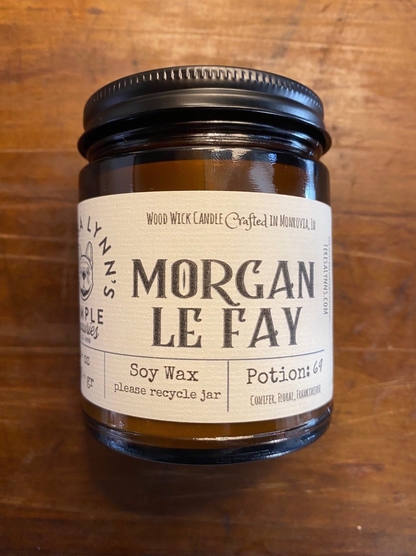 Morgan le Fay, wooden wick, soy candle, luxury candle, sultry, witch, patchouli, jasmine, oud, frankincense, myrrh, ember, witch aesthetic