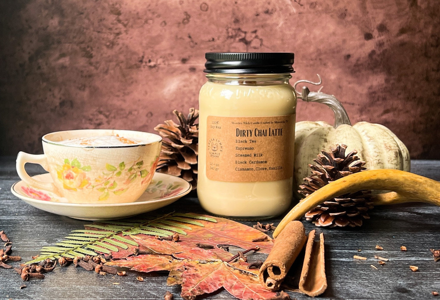 Dirty Chai Latte, spice, Soy candle, Wooden Wick, mason jar candle, long burning candle, bohemian, Farmhouse, phthalate free, tea, cardamom