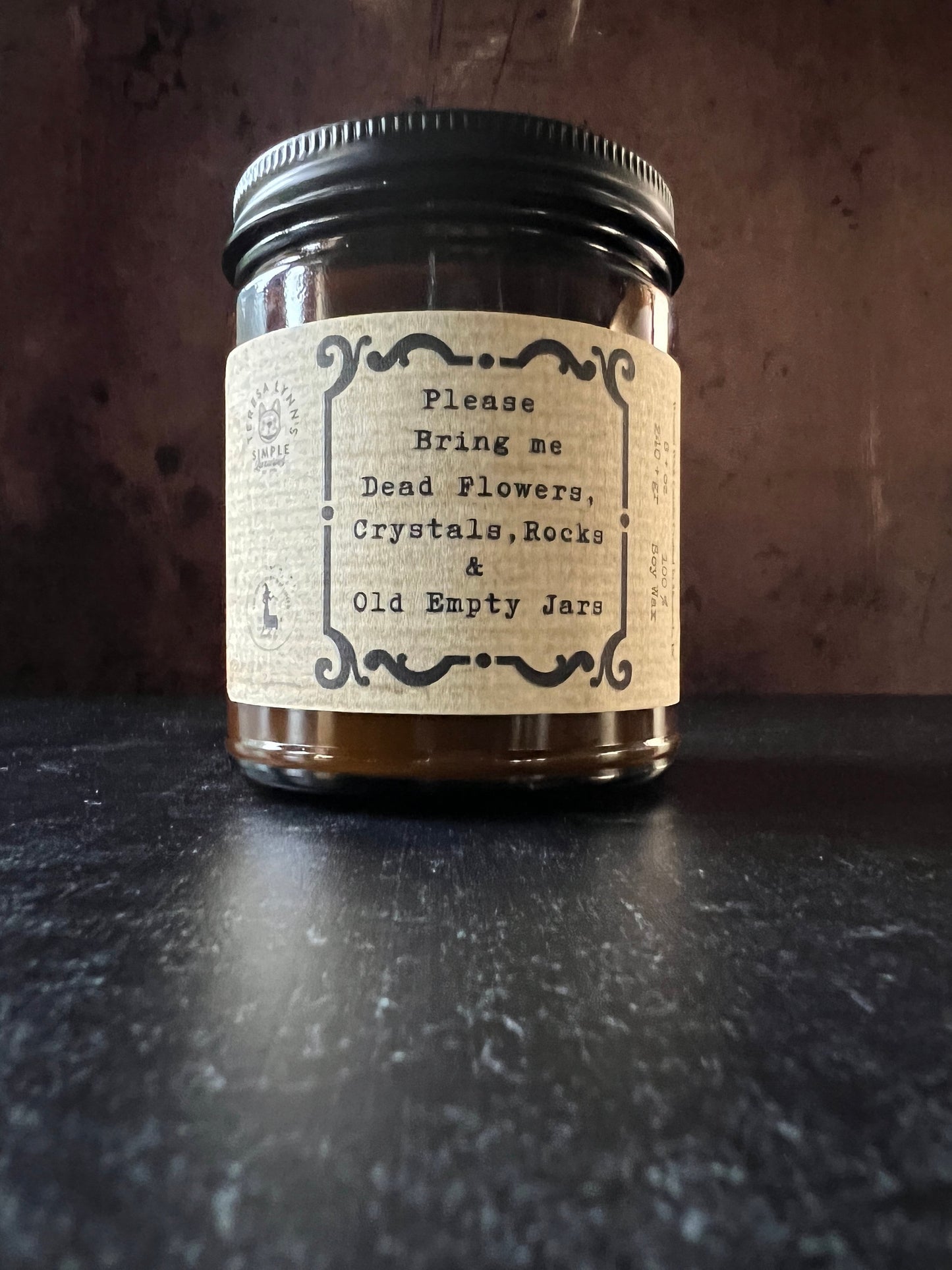 Please Bring Me Dead flowers Crystals Rocks and Old Jars, scented soy wax wooden wick candle, essential oil blend, witchy, gothic, floral