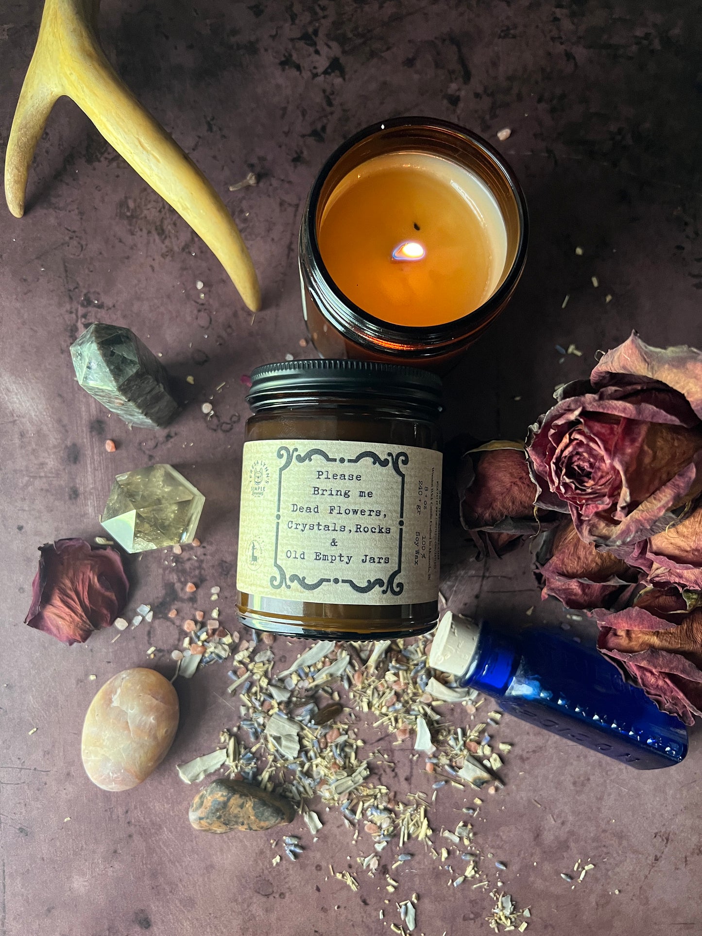 Please Bring Me Dead flowers Crystals Rocks and Old Jars, scented soy wax wooden wick candle, essential oil blend, witchy, gothic, floral