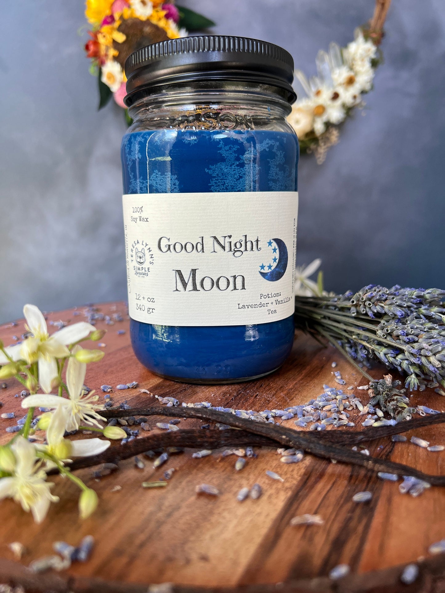Good Night Moon, Wooden wick soy candle, anxiety care, relaxation candle, hand crafted, self care, crackling, Lavender, Tuberose, sleep