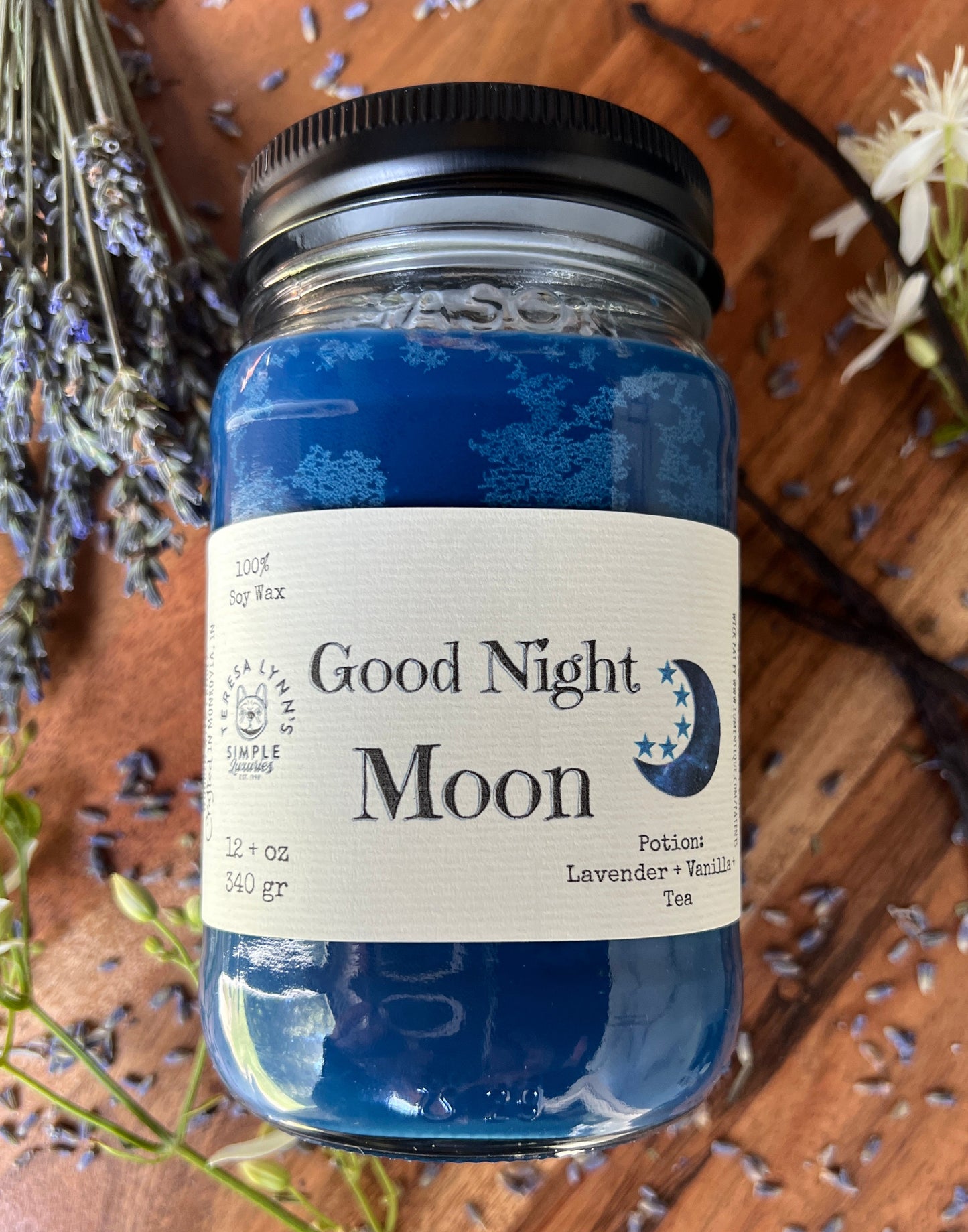 Good Night Moon, Wooden wick soy candle, anxiety care, relaxation candle, hand crafted, self care, crackling, Lavender, Tuberose, sleep