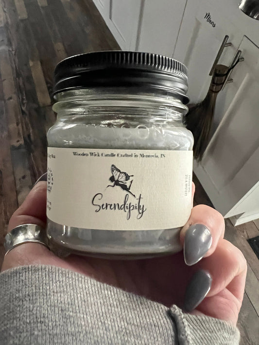 Serendipity, wooden wick, Soy Wax, candle, Happy Accident, Toasted Marshmallow, Sage, Spice, housewarming, blessing candle, mason jar candle
