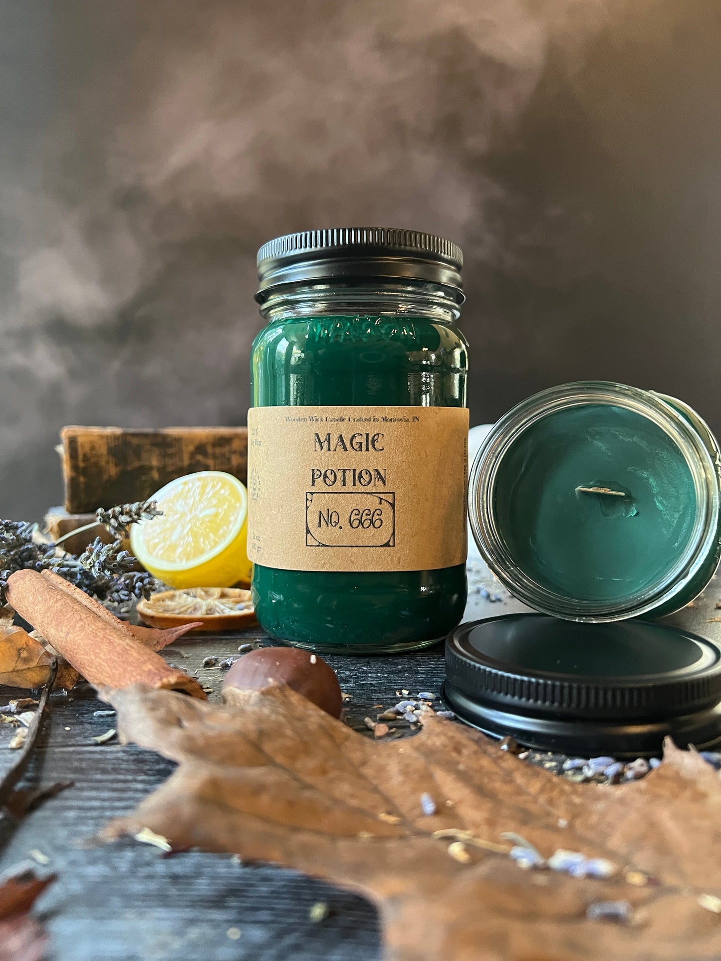 Magic Potion No. 666, soy candle, wooden wick, pumpkin, bakery, Apple, spice, citrus, Holiday Candle, halloween, mason jar, farmhouse, witch