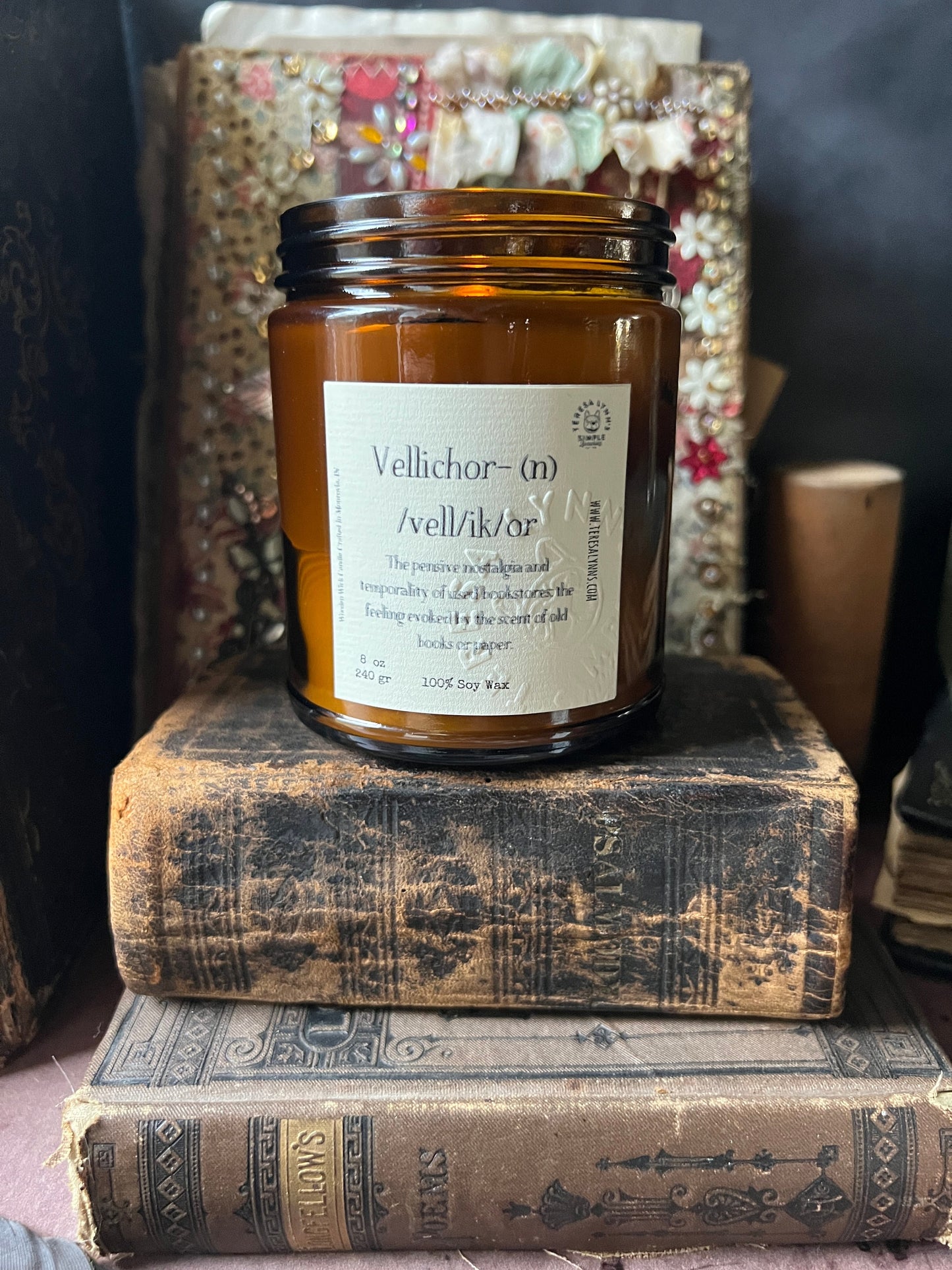 Vellichor, wooden wick, soy wax candle, Used Book shop scented candle