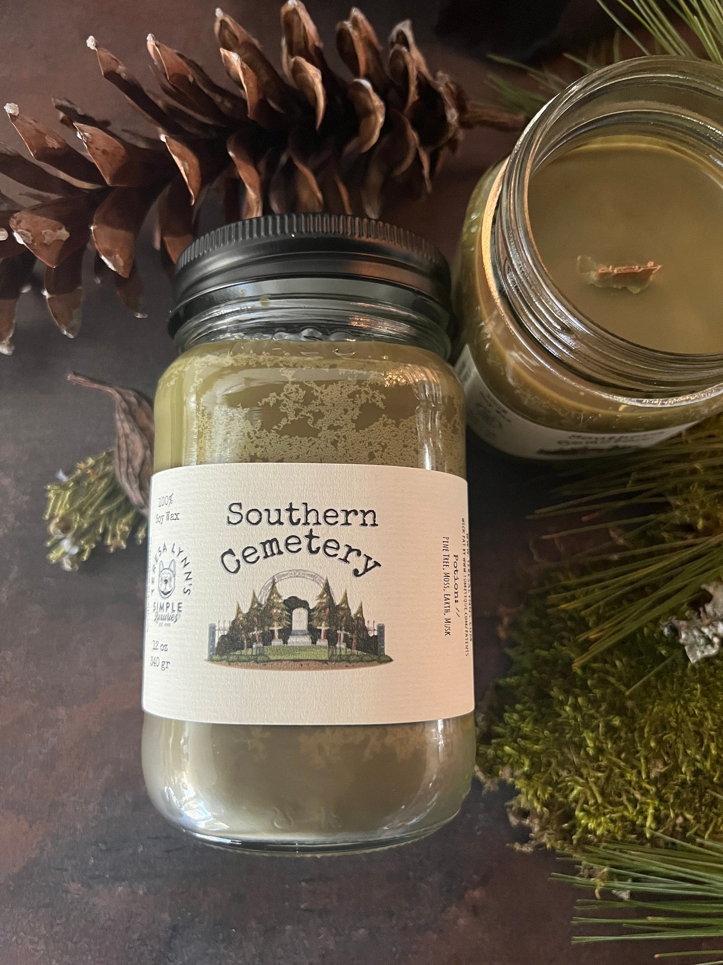 Southern Cemetery, scented wooden wick soy candle, handmade candle, evergreen, moss, musk, earth, vmber, ethereal, witch vibe, mysterious