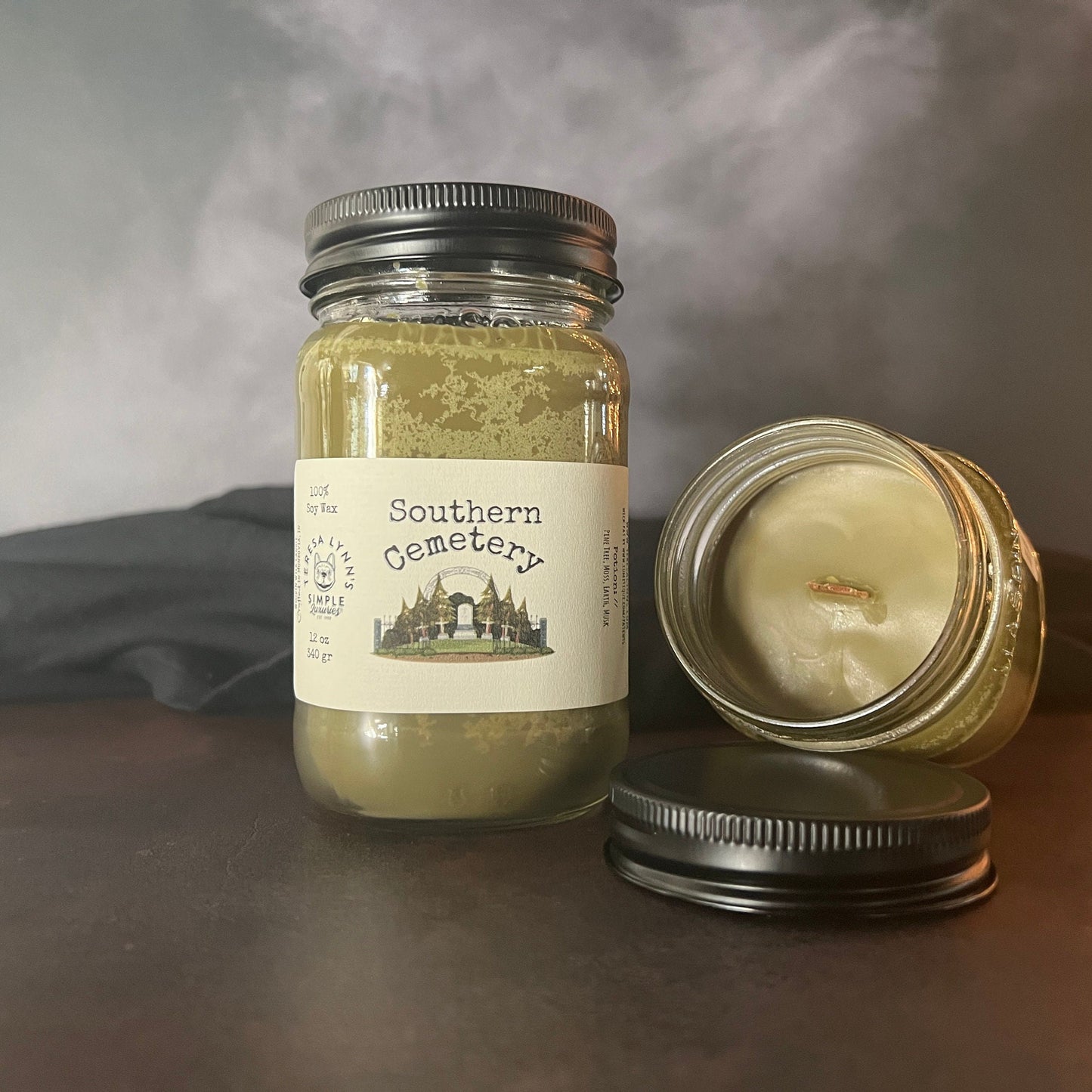 Southern Cemetery, scented wooden wick soy candle, handmade candle, evergreen, moss, musk, earth, vmber, ethereal, witch vibe, mysterious